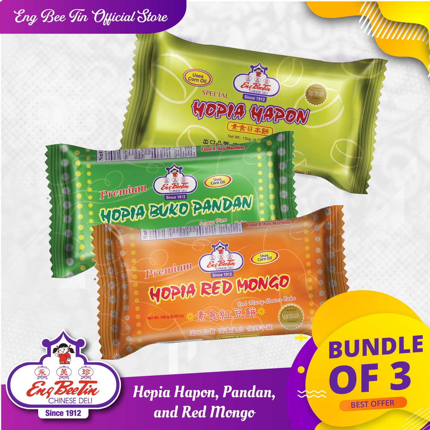 Eng Bee Tin Hopia Bundle (Hapon, Pandan, Red Mongo)