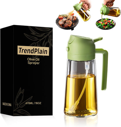 TrendPlain 16 盎司/470 毫升橄榄油喷雾器，适用于烹饪 - 二合一橄榄油分配器，适用于厨房小工具、空气炸锅、沙拉和烧烤 - 黑色