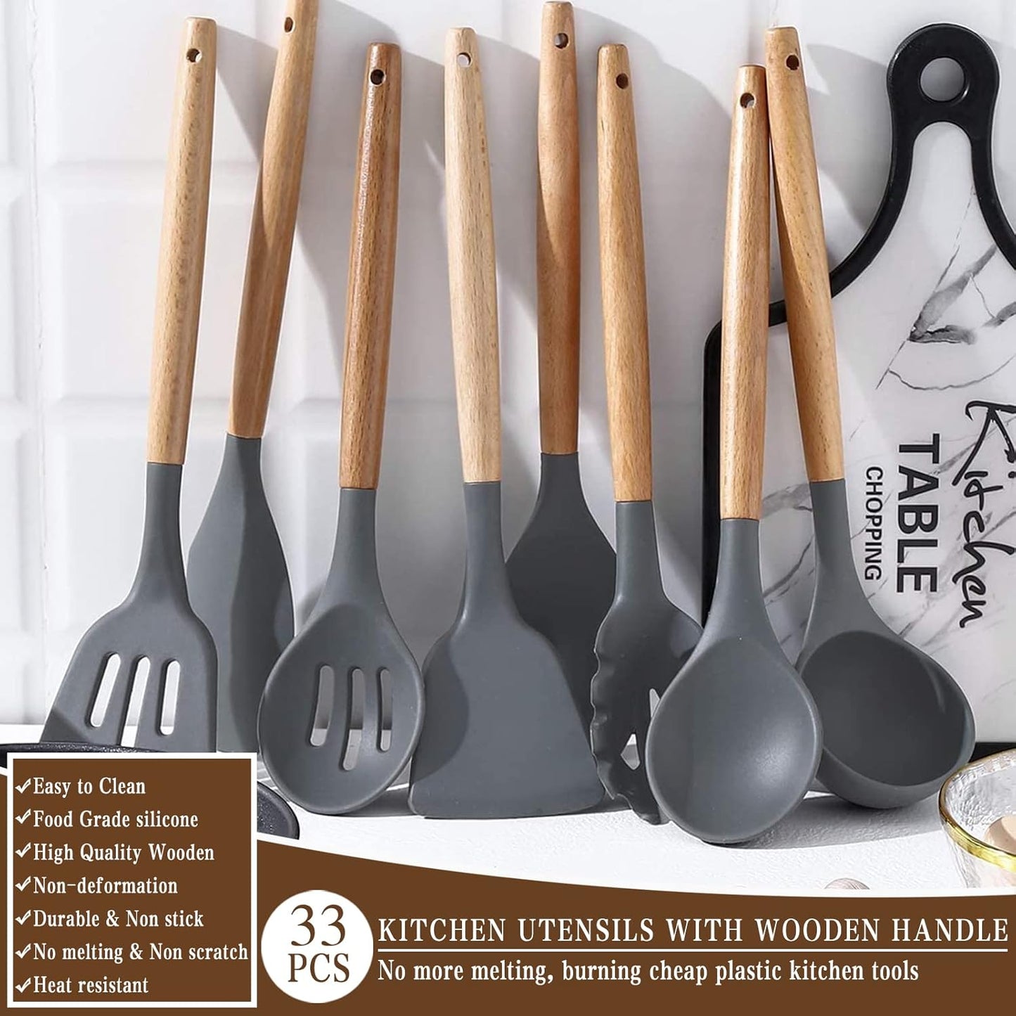 Umite Chef - Juego de utensilios de cocina de silicona antiadherentes, 33 piezas, espátula con soporte, mango de madera, juego de utensilios de cocina de silicona (caqui)