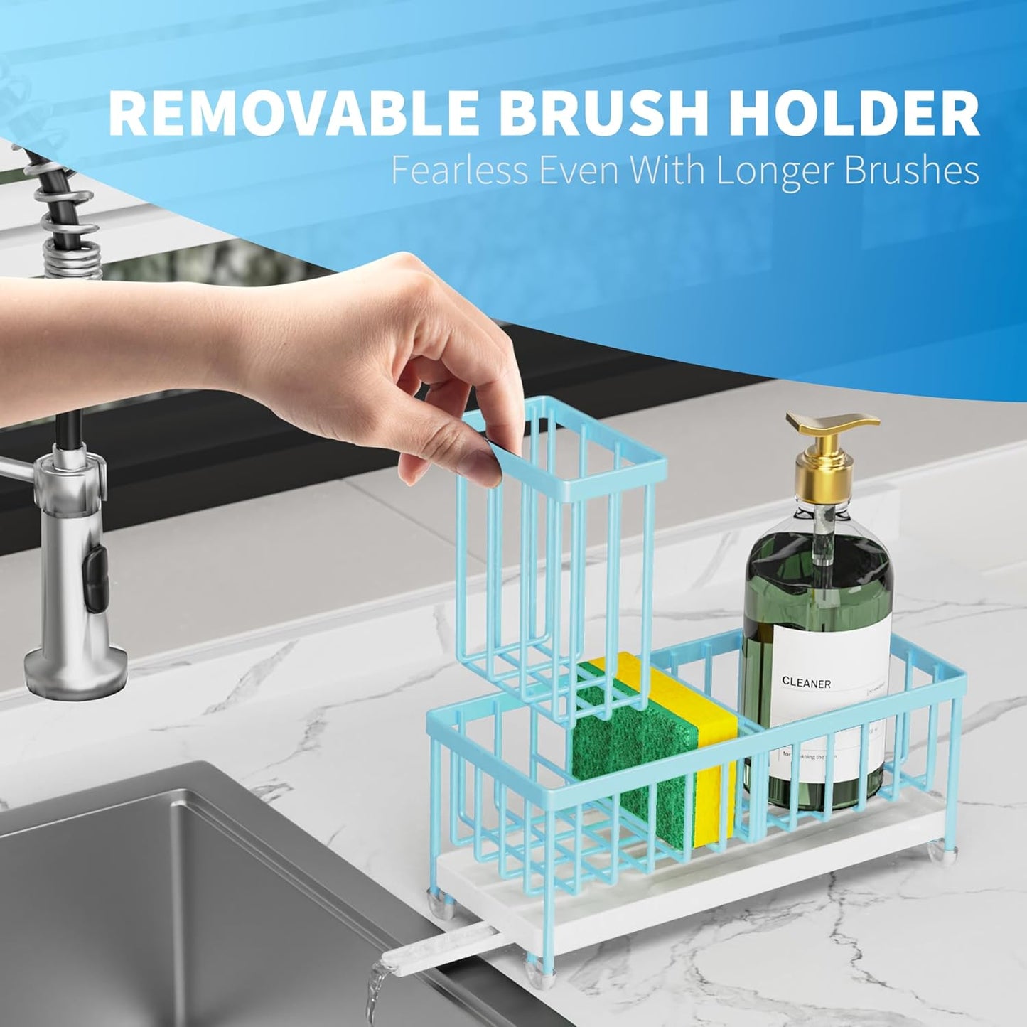 Cisily Sponge Holder for Kitchen Sink, Sink Caddy with High Brush Holder, Kitchen Sink Organizer Countertop Rustproof 304 Stainless Steel , Soap Dispenser Kitchen Organizers and Storage Essentials