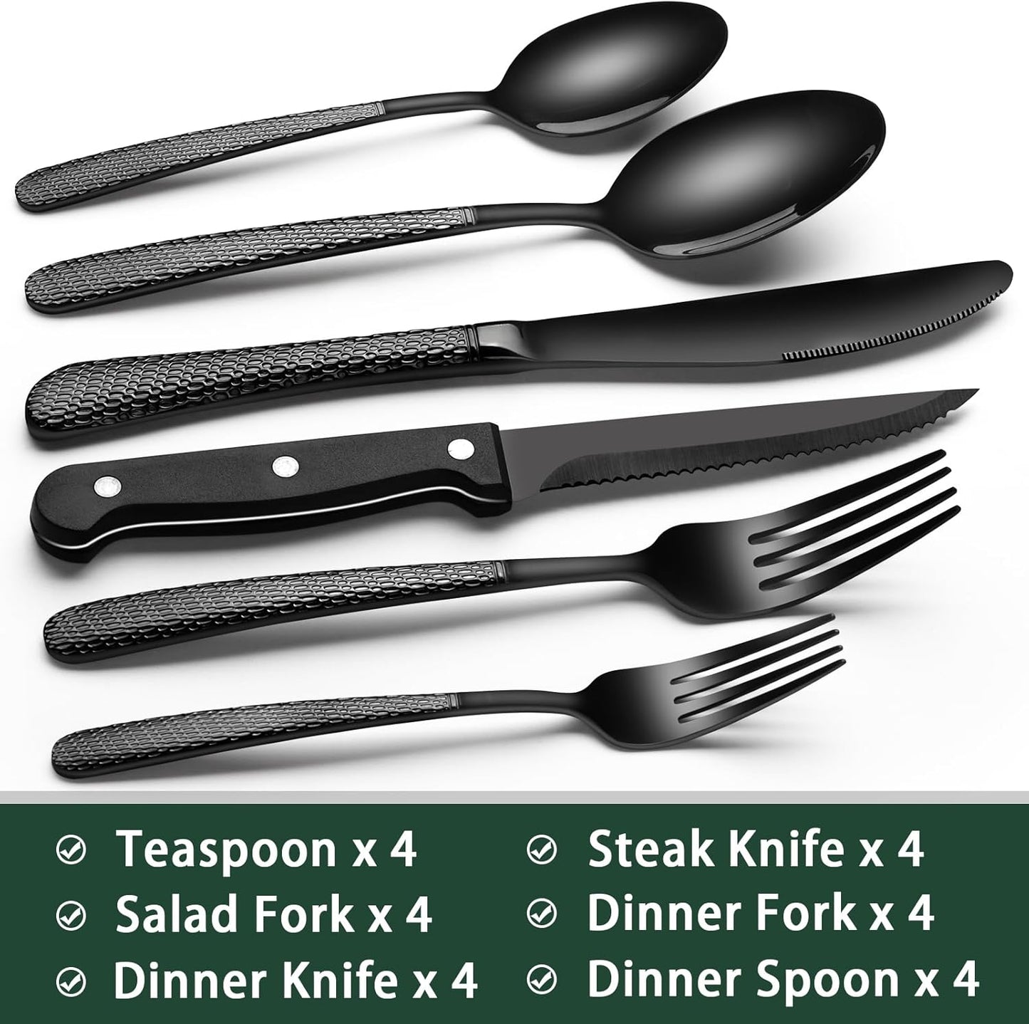 24-Piece Black Silverware Set with Steak Knives, Black Flatware Set for 4, Food-Grade Stainless Steel Tableware Cutlery Set, Mirror Finished Utensil Sets for Home Restaurant