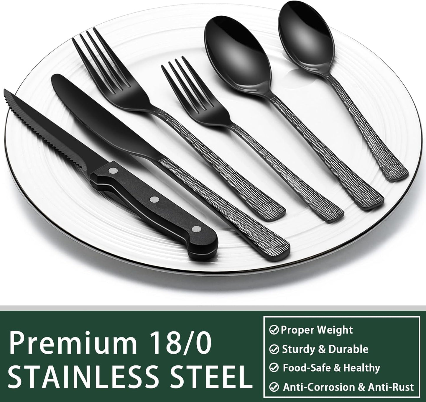 24-Piece Black Silverware Set with Steak Knives, Black Flatware Set for 4, Food-Grade Stainless Steel Tableware Cutlery Set, Mirror Finished Utensil Sets for Home Restaurant