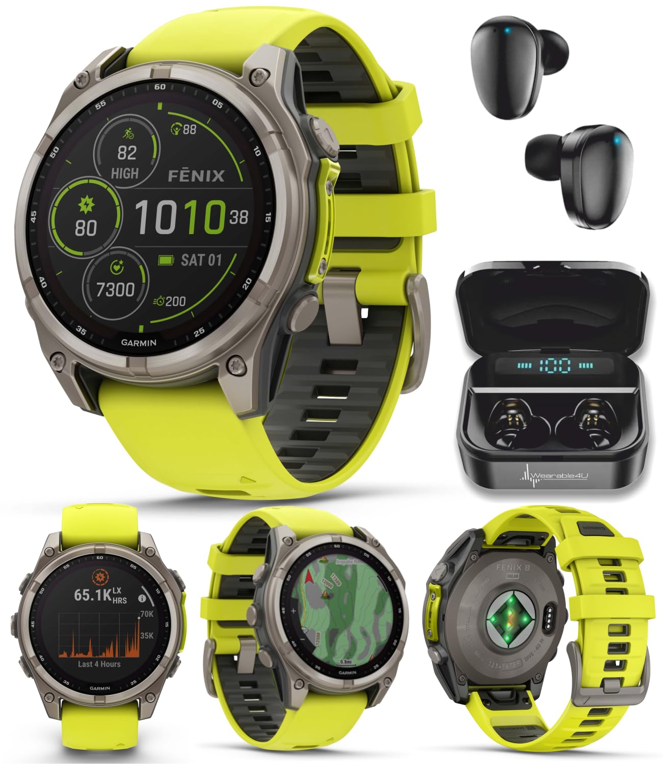 Wearable4U Garmin Fenix 8 – 47 mm, Solar, Multisport GPS Smartwatch, Sapphire, Titanium with Amp Yellow/Graphite Silicone, Built-in LED Flashlight, Voice Control Power Bank Bundle