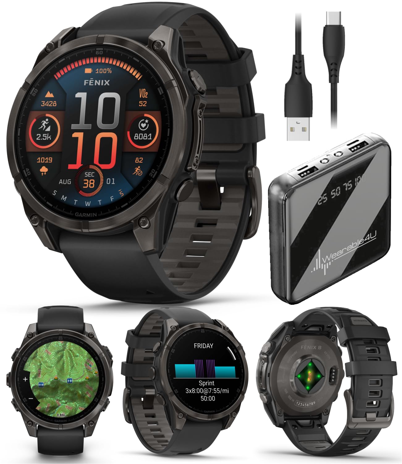 Wearable4U Garmin Fenix 8 – 47 mm, Solar, Multisport GPS Smartwatch, Sapphire, Titanium with Amp Yellow/Graphite Silicone, Built-in LED Flashlight, Voice Control Power Bank Bundle