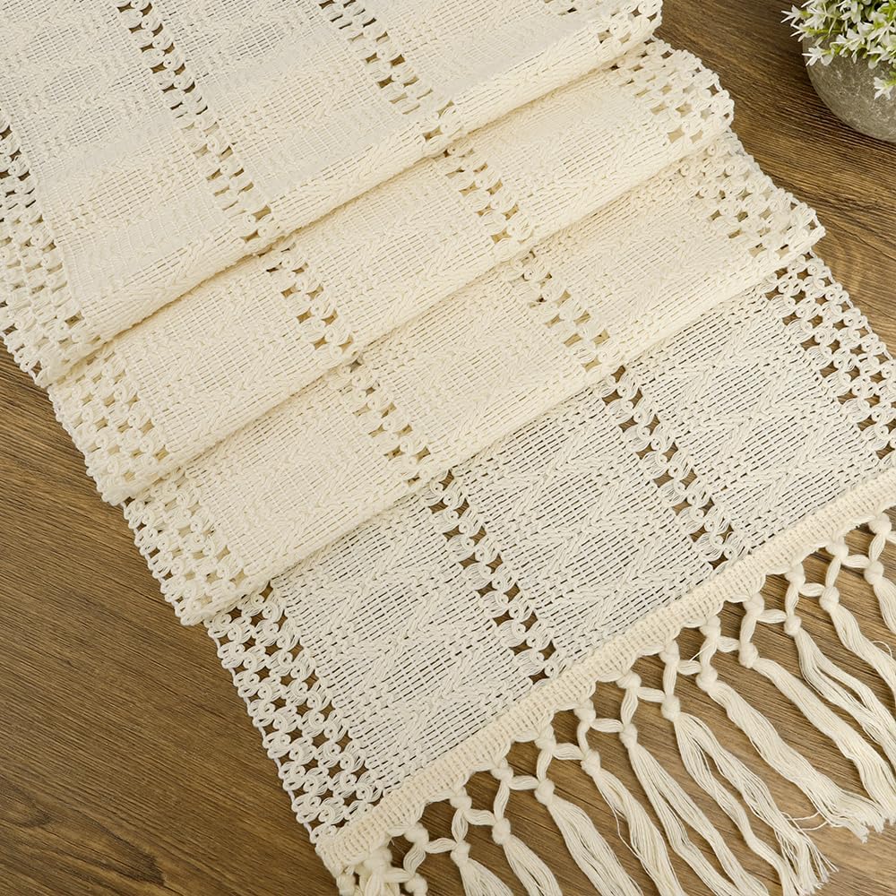 Boho Table Runner Farmhouse Table Runner 72 Inches Long Rustic Coffee Table Runners Cotton Macrame Spring Table Runners with Tassel for Bridal Shower Wedding Kitchen Dining Room Table Home Decor Brown