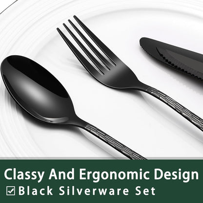 24-Piece Black Silverware Set with Steak Knives, Black Flatware Set for 4, Food-Grade Stainless Steel Tableware Cutlery Set, Mirror Finished Utensil Sets for Home Restaurant