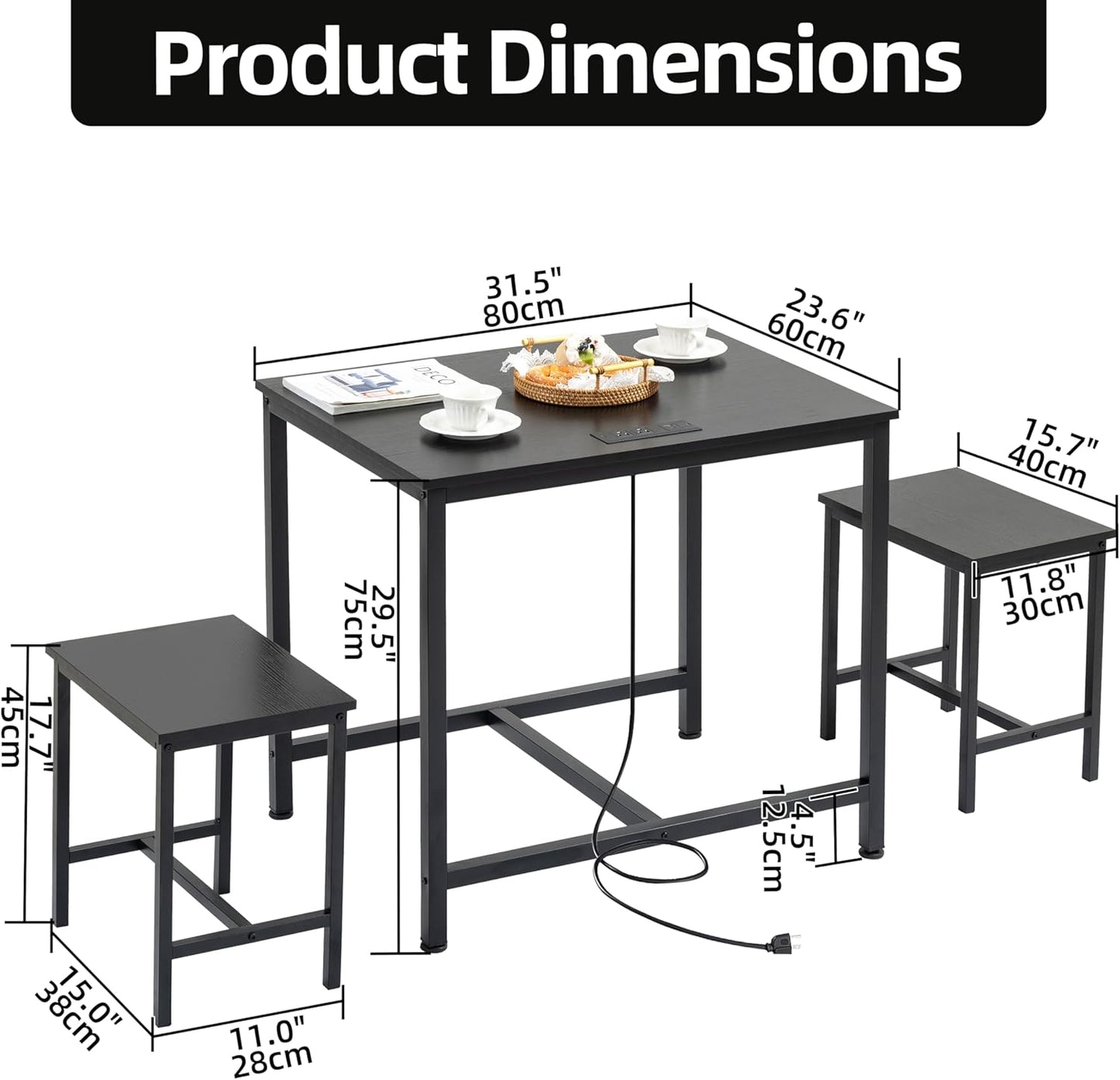 Finnhomy 3-Piece Dining Table Set, Small Kitchen Table with 2 Chairs, LED Light and USB Type-C Power Outlet, Space-Saving Design for Dining Room, Living Room, Apartment, Rustic Black