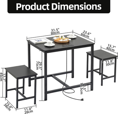 Finnhomy - Juego de mesa de comedor de 3 piezas, mesa de cocina pequeña con 2 sillas, luz LED y toma de corriente USB tipo C, diseño que ahorra espacio para comedor, sala de estar, apartamento, color negro rústico