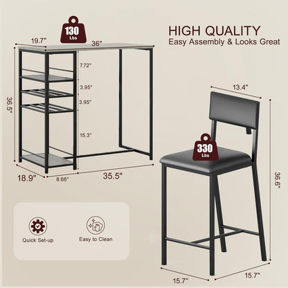 Juego de mesa de comedor para 2, mesa de altura de mostrador con 2 sillas tapizadas y estantes de almacenamiento, juego de mesa y sillas de bistró de 2, juego de mesa de cocina para espacios pequeños, apartamento, casa, estudio