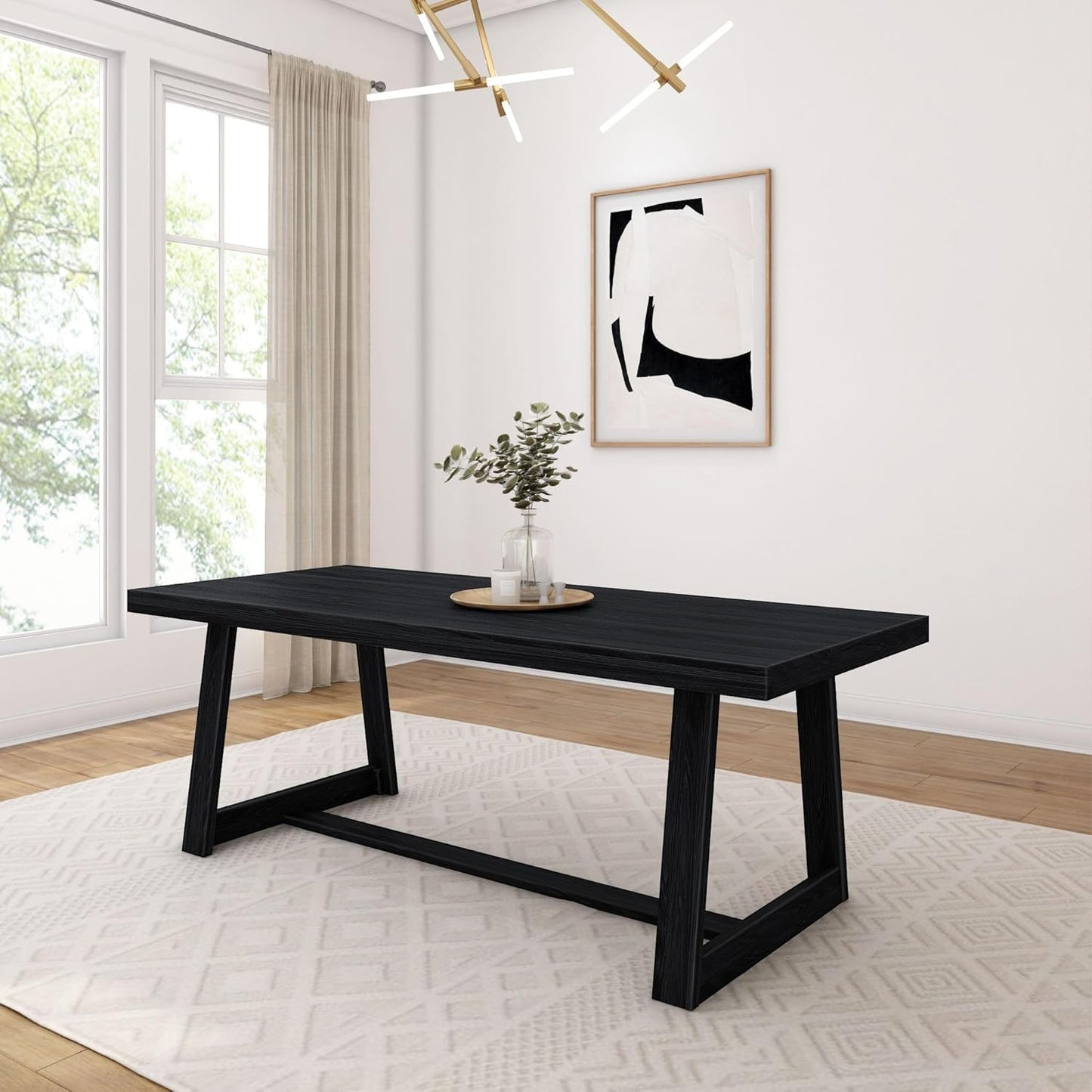 Mesa de comedor rústica de 72 pulgadas con estructura de madera maciza, mesa de comedor rectangular grande de madera para comedor, oficina en casa, muebles de sala de estar, fácil montaje, cepillo de alambre negro