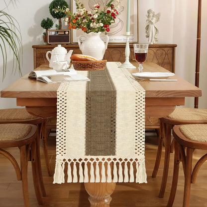 Camino de mesa estilo bohemio, estilo rústico, de 72 pulgadas de largo, de algodón y macramé, con borlas para mesa de café, para despedidas de soltera, bodas, cocinas, comedores, decoración del hogar, color marrón