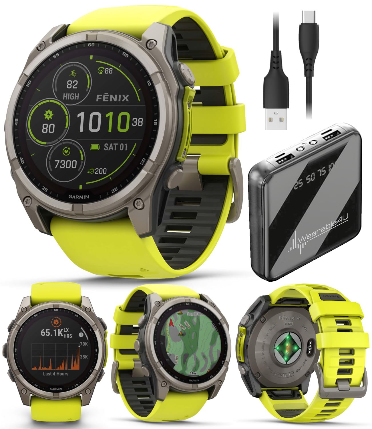 Wearable4U Garmin Fenix 8 – 47 mm, Solar, Multisport GPS Smartwatch, Sapphire, Titanium with Amp Yellow/Graphite Silicone, Built-in LED Flashlight, Voice Control Power Bank Bundle