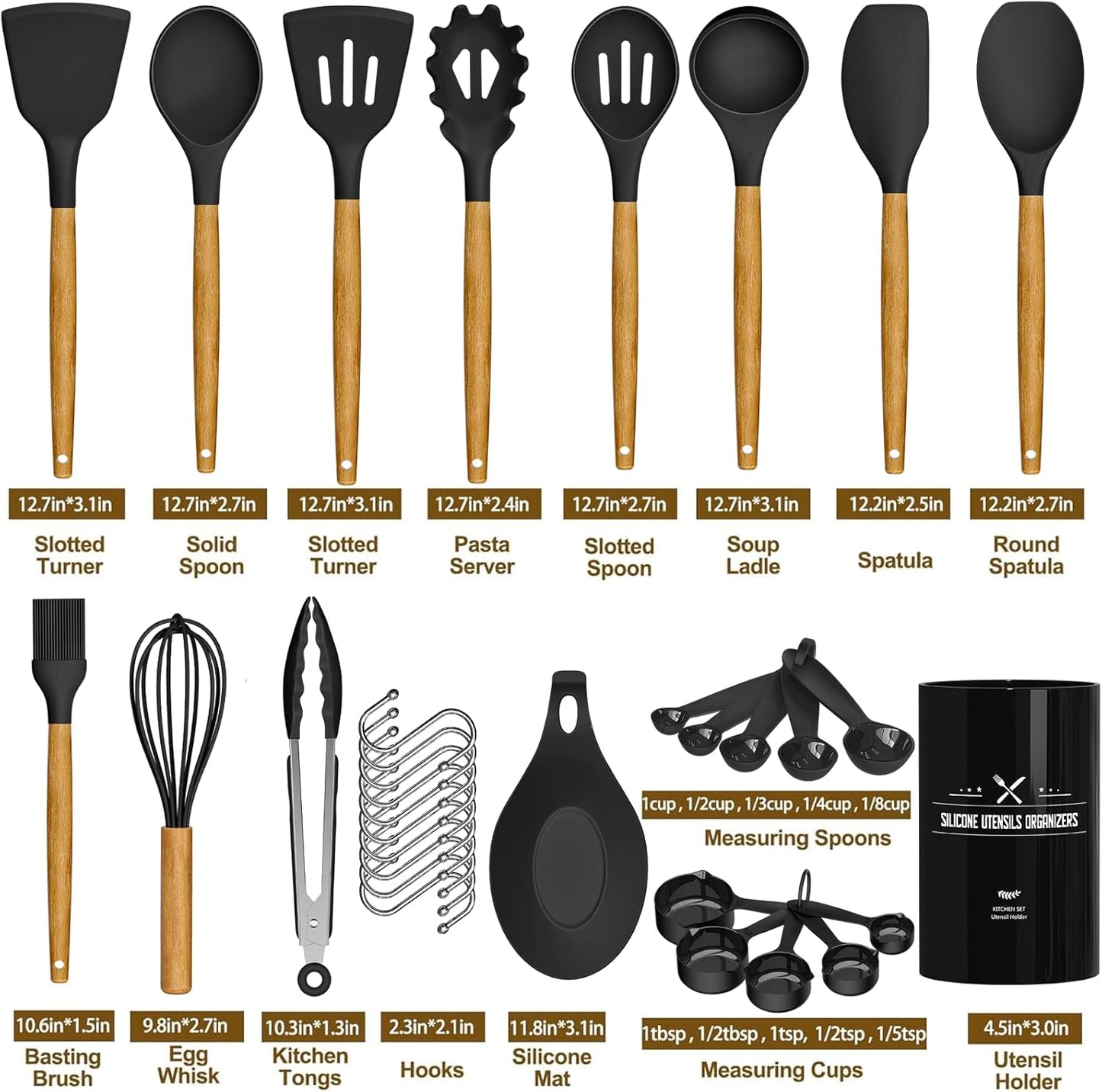 Umite Chef - Juego de utensilios de cocina de silicona antiadherentes, 33 piezas, espátula con soporte, mango de madera, juego de utensilios de cocina de silicona (caqui)