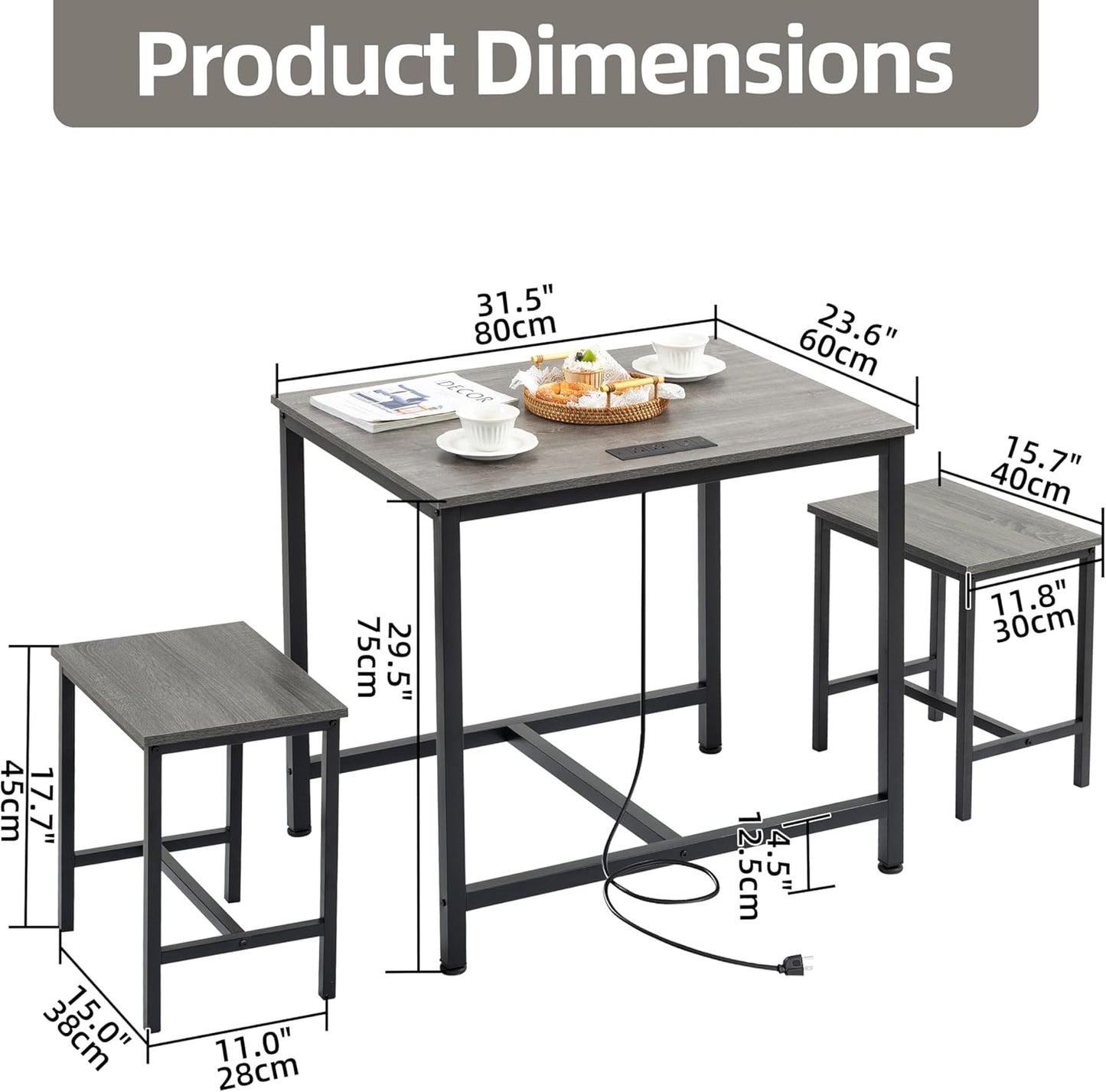 Finnhomy - Juego de mesa de comedor de 3 piezas, mesa de cocina pequeña con 2 sillas, luz LED y toma de corriente USB tipo C, diseño que ahorra espacio para comedor, sala de estar, apartamento, color negro rústico