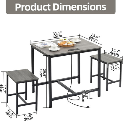 Finnhomy - Juego de mesa de comedor de 3 piezas, mesa de cocina pequeña con 2 sillas, luz LED y toma de corriente USB tipo C, diseño que ahorra espacio para comedor, sala de estar, apartamento, color negro rústico