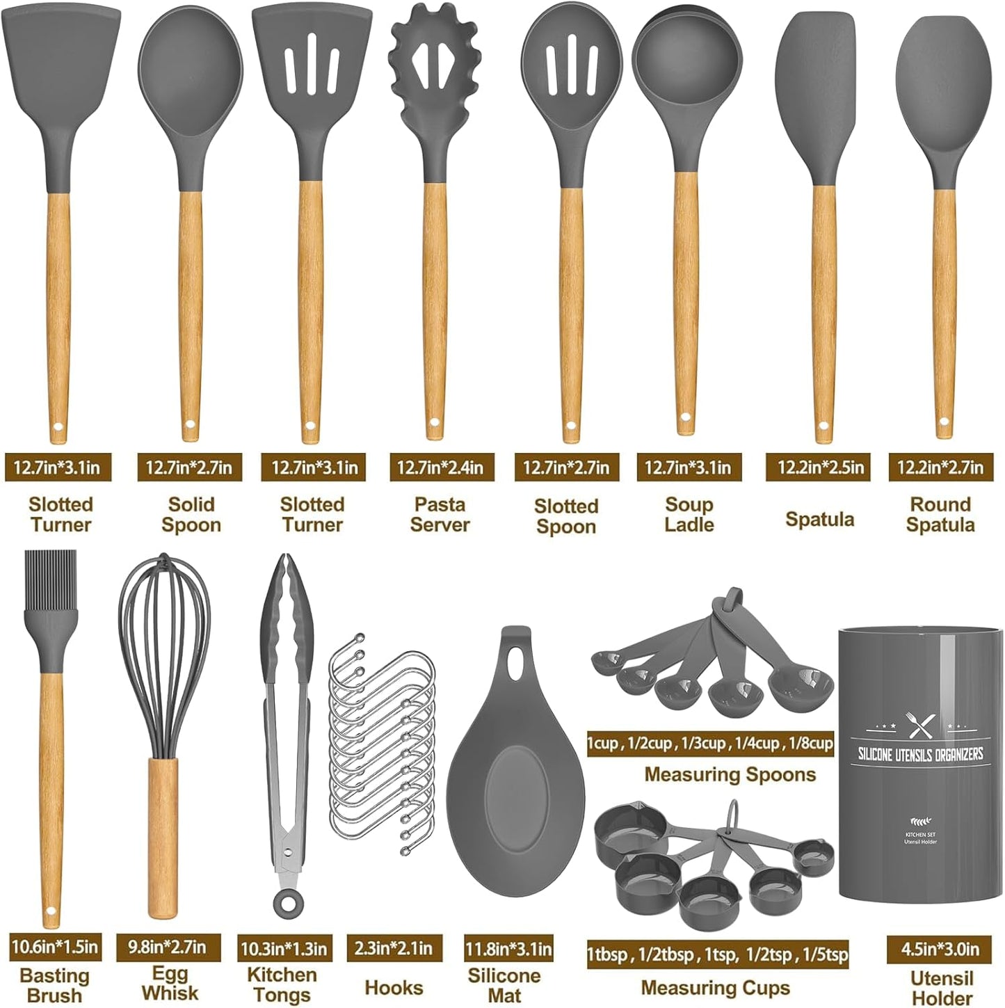 Umite Chef - Juego de utensilios de cocina de silicona antiadherentes, 33 piezas, espátula con soporte, mango de madera, juego de utensilios de cocina de silicona (caqui)