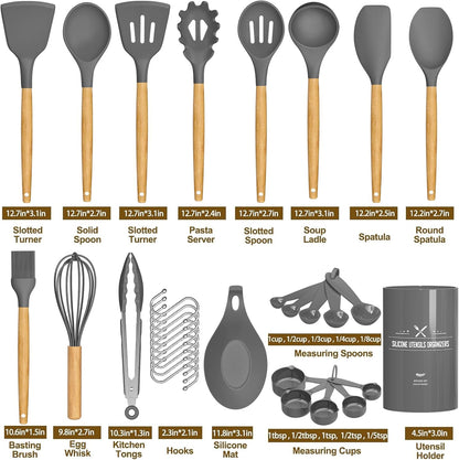 Umite Chef - Juego de utensilios de cocina de silicona antiadherentes, 33 piezas, espátula con soporte, mango de madera, juego de utensilios de cocina de silicona (caqui)