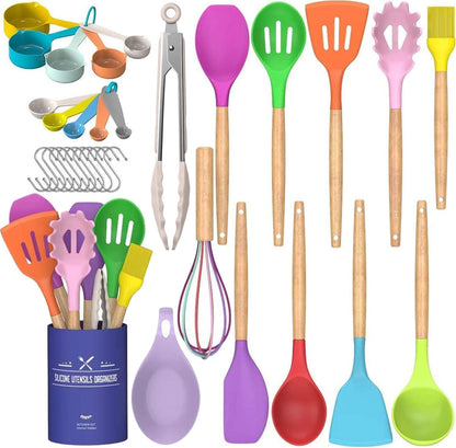 Umite Chef - Juego de utensilios de cocina de silicona antiadherentes, 33 piezas, espátula con soporte, mango de madera, juego de utensilios de cocina de silicona (caqui)