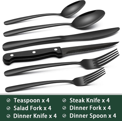 24-Piece Black Silverware Set with Steak Knives, Black Flatware Set for 4, Food-Grade Stainless Steel Tableware Cutlery Set, Mirror Finished Utensil Sets for Home Restaurant