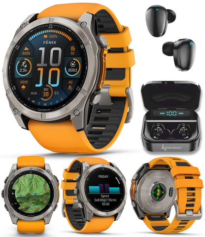 Wearable4U Garmin Fenix 8 – 47 mm, Solar, Multisport GPS Smartwatch, Sapphire, Titanium with Amp Yellow/Graphite Silicone, Built-in LED Flashlight, Voice Control Power Bank Bundle