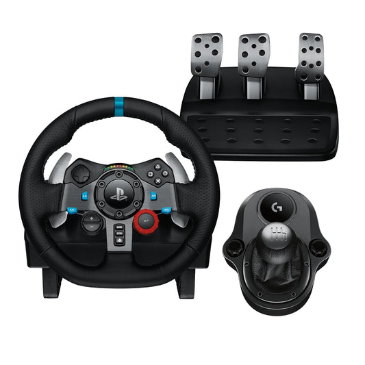 Logitech G29 Driving Force 赛车方向盘和踏板，力反馈，真皮 + Logitech G Driving Force 换档器 - 适用于 PS5、PS4 和 PC、Mac - 黑色