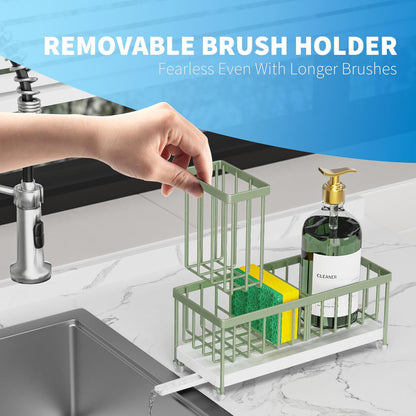 Cisily Sponge Holder for Kitchen Sink, Sink Caddy with High Brush Holder, Kitchen Sink Organizer Countertop Rustproof 304 Stainless Steel , Soap Dispenser Kitchen Organizers and Storage Essentials