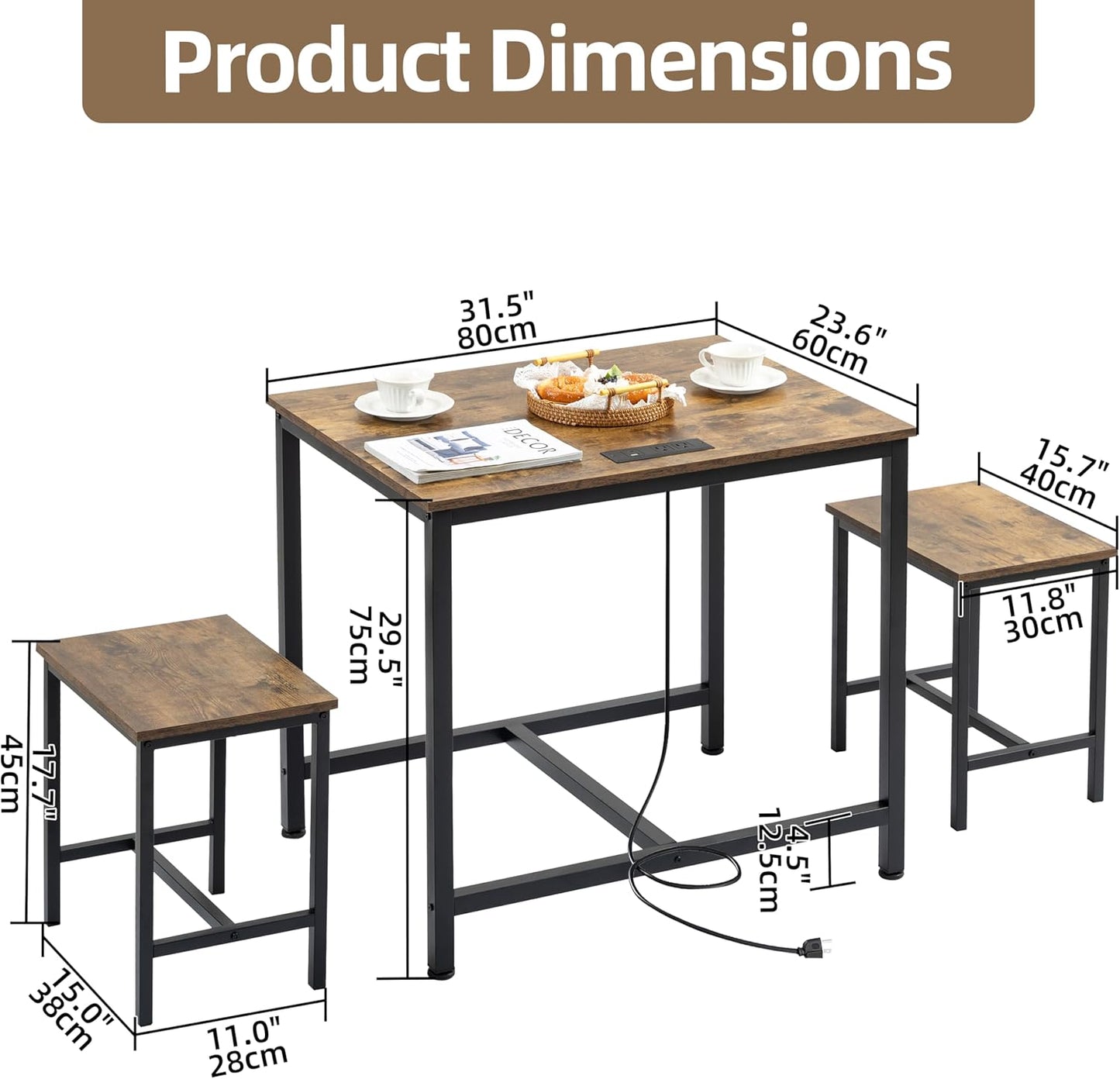 Finnhomy - Juego de mesa de comedor de 3 piezas, mesa de cocina pequeña con 2 sillas, luz LED y toma de corriente USB tipo C, diseño que ahorra espacio para comedor, sala de estar, apartamento, color negro rústico