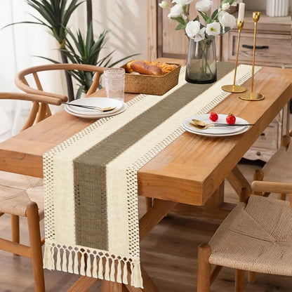 Camino de mesa estilo bohemio, estilo rústico, de 72 pulgadas de largo, de algodón y macramé, con borlas para mesa de café, para despedidas de soltera, bodas, cocinas, comedores, decoración del hogar, color marrón