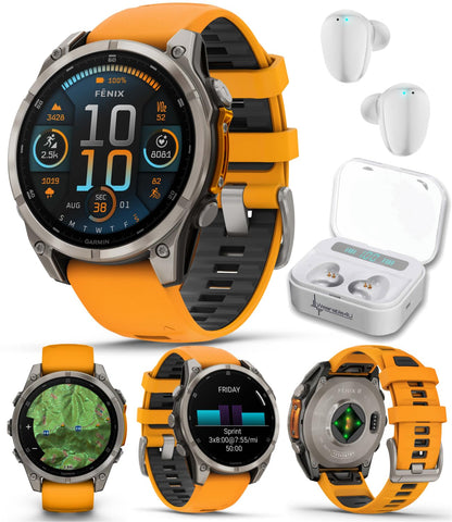 Wearable4U Garmin Fenix 8 – 47 mm, Solar, Multisport GPS Smartwatch, Sapphire, Titanium with Amp Yellow/Graphite Silicone, Built-in LED Flashlight, Voice Control Power Bank Bundle