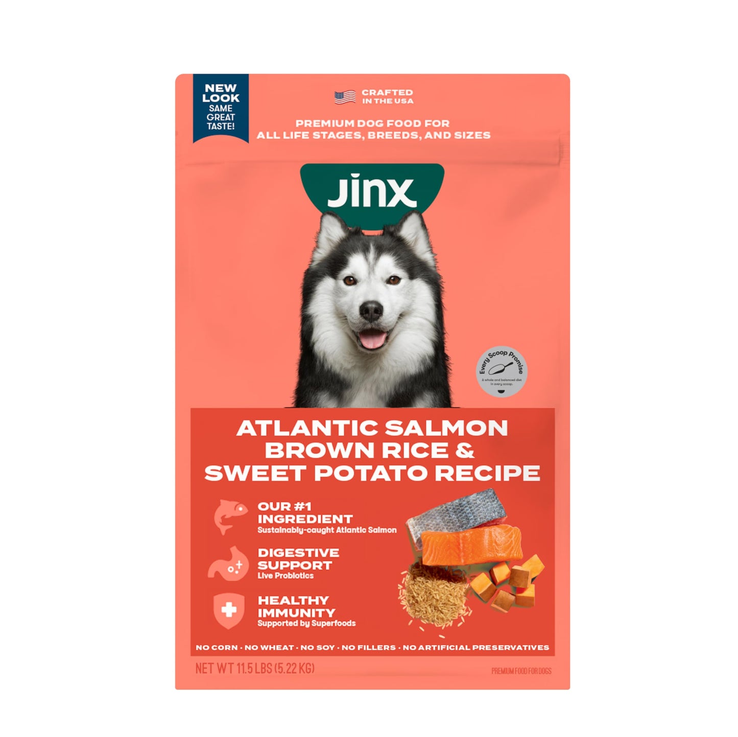 Jinx Premium Dry Dog Food, Real Salmon, Brown Rice & Sweet Potato Kibble with Superfoods & Probiotics, No Fillers, for All Lifestages, 11.5lb