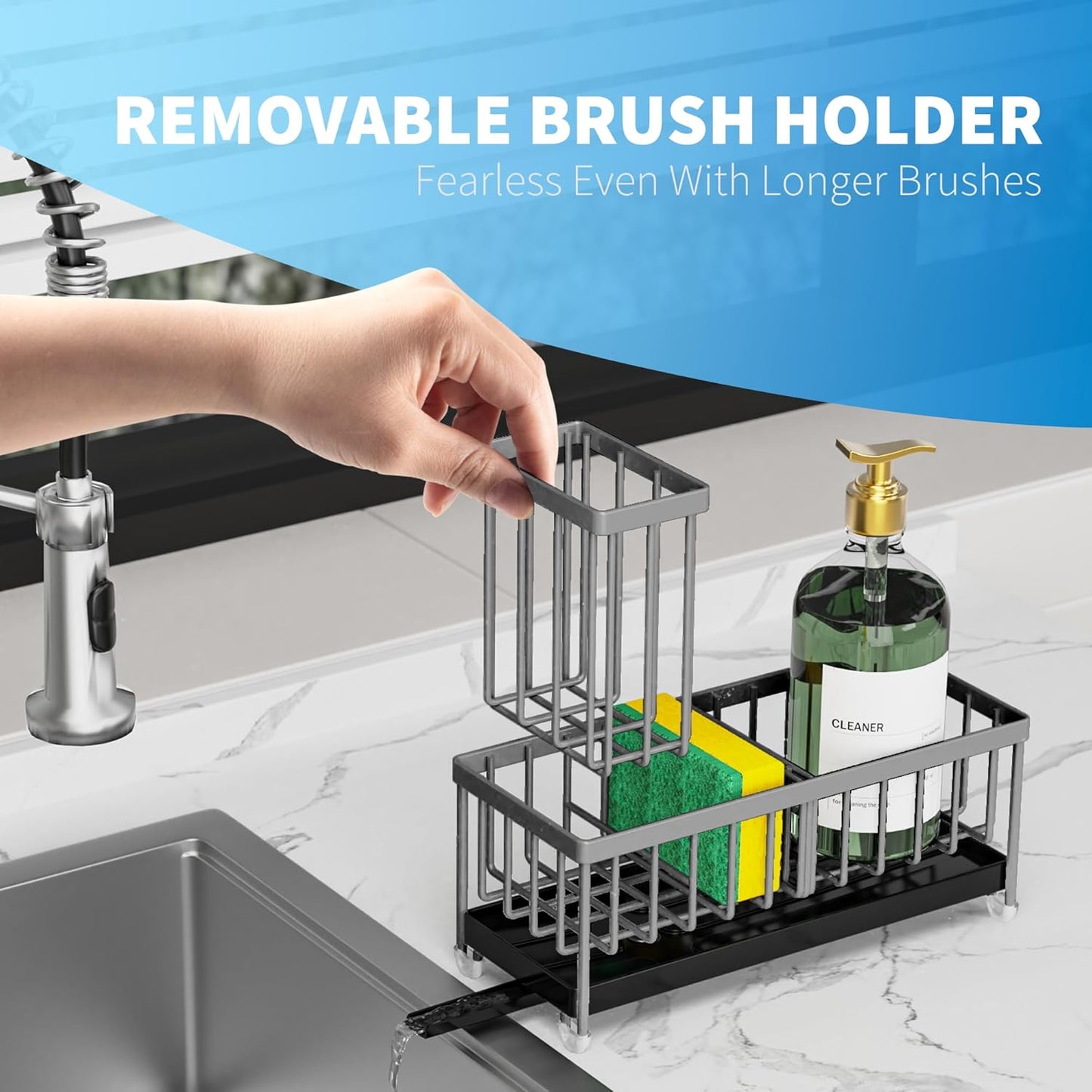 Cisily Sponge Holder for Kitchen Sink, Sink Caddy with High Brush Holder, Kitchen Sink Organizer Countertop Rustproof 304 Stainless Steel , Soap Dispenser Kitchen Organizers and Storage Essentials