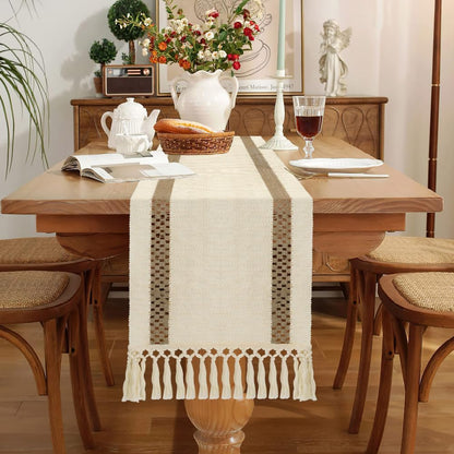 Camino de mesa estilo bohemio, estilo rústico, de 72 pulgadas de largo, de algodón y macramé, con borlas para mesa de café, para despedidas de soltera, bodas, cocinas, comedores, decoración del hogar, color marrón