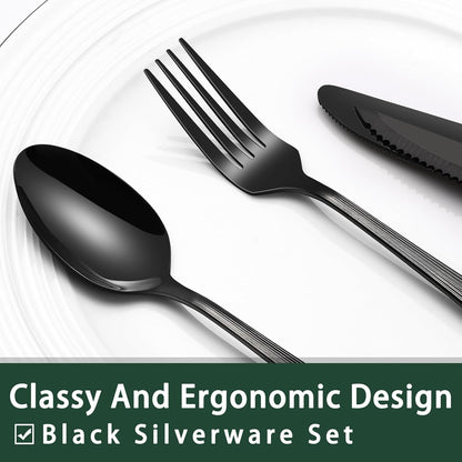 24-Piece Black Silverware Set with Steak Knives, Black Flatware Set for 4, Food-Grade Stainless Steel Tableware Cutlery Set, Mirror Finished Utensil Sets for Home Restaurant