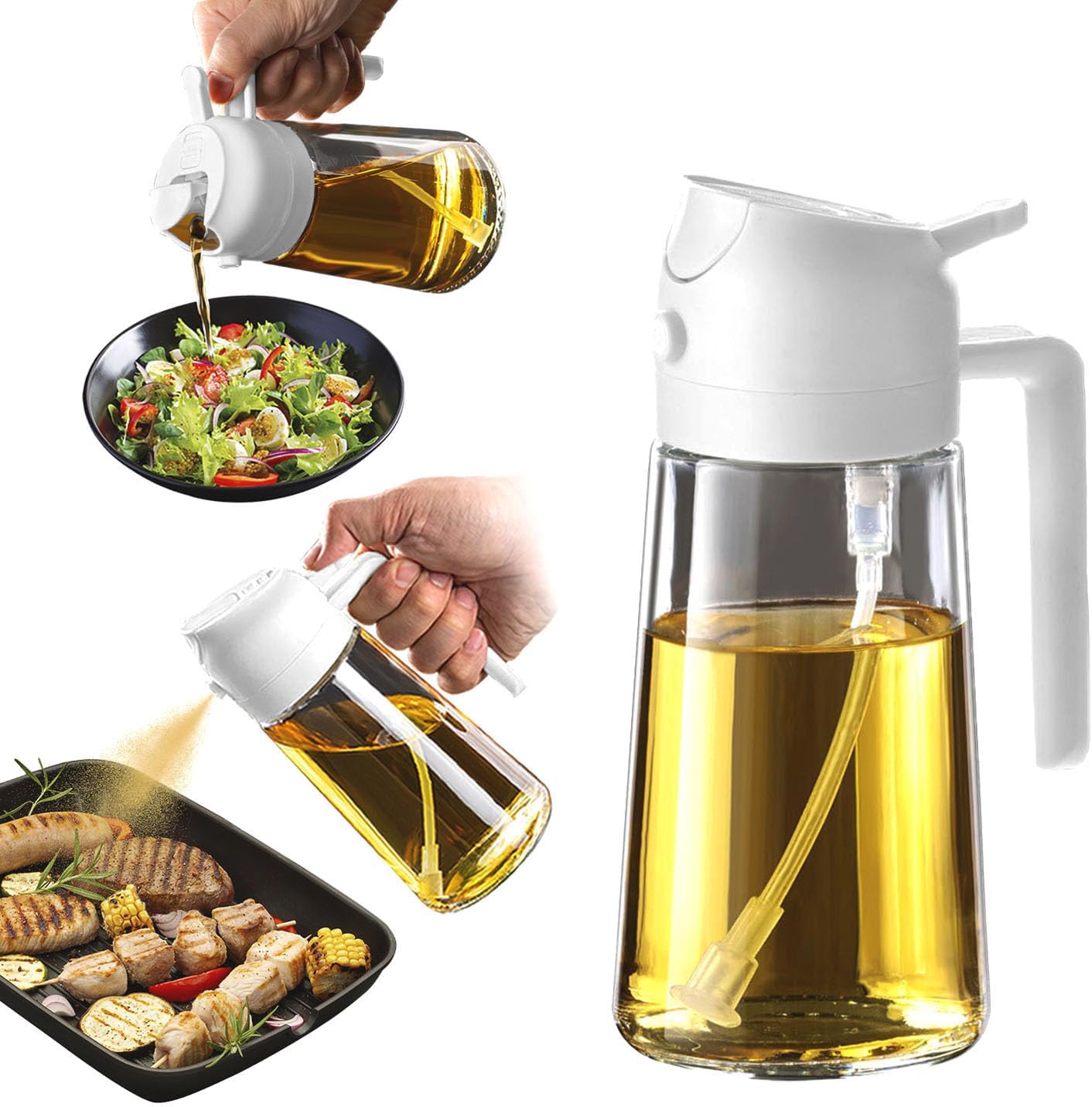 TrendPlain 16oz/470ml Olive Oil Sprayer for Cooking - 2 in 1 Olive Oil Dispenser for Kitchen Gadgets, Air Fryer, Salad, and BBQ - Black