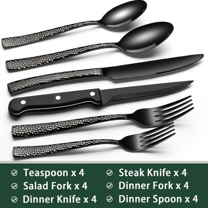 24-Piece Black Silverware Set with Steak Knives, Black Flatware Set for 4, Food-Grade Stainless Steel Tableware Cutlery Set, Mirror Finished Utensil Sets for Home Restaurant