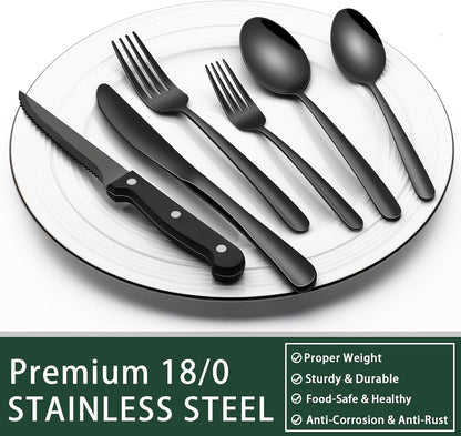 24-Piece Black Silverware Set with Steak Knives, Black Flatware Set for 4, Food-Grade Stainless Steel Tableware Cutlery Set, Mirror Finished Utensil Sets for Home Restaurant