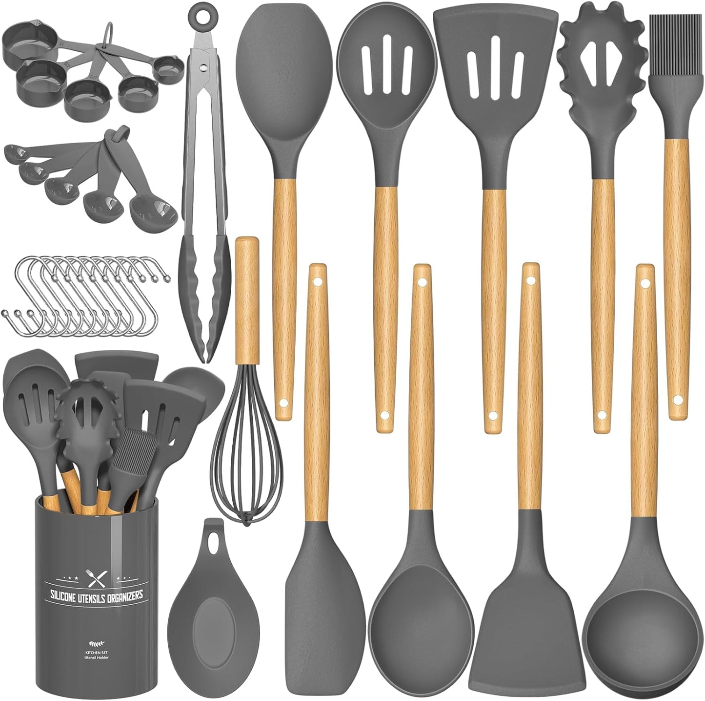 Umite Chef - Juego de utensilios de cocina de silicona antiadherentes, 33 piezas, espátula con soporte, mango de madera, juego de utensilios de cocina de silicona (caqui)