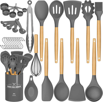 Umite Chef - Juego de utensilios de cocina de silicona antiadherentes, 33 piezas, espátula con soporte, mango de madera, juego de utensilios de cocina de silicona (caqui)