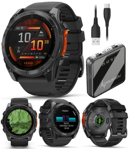 Wearable4U Garmin Fenix 8 – 47 mm, Solar, Multisport GPS Smartwatch, Sapphire, Titanium with Amp Yellow/Graphite Silicone, Built-in LED Flashlight, Voice Control Power Bank Bundle