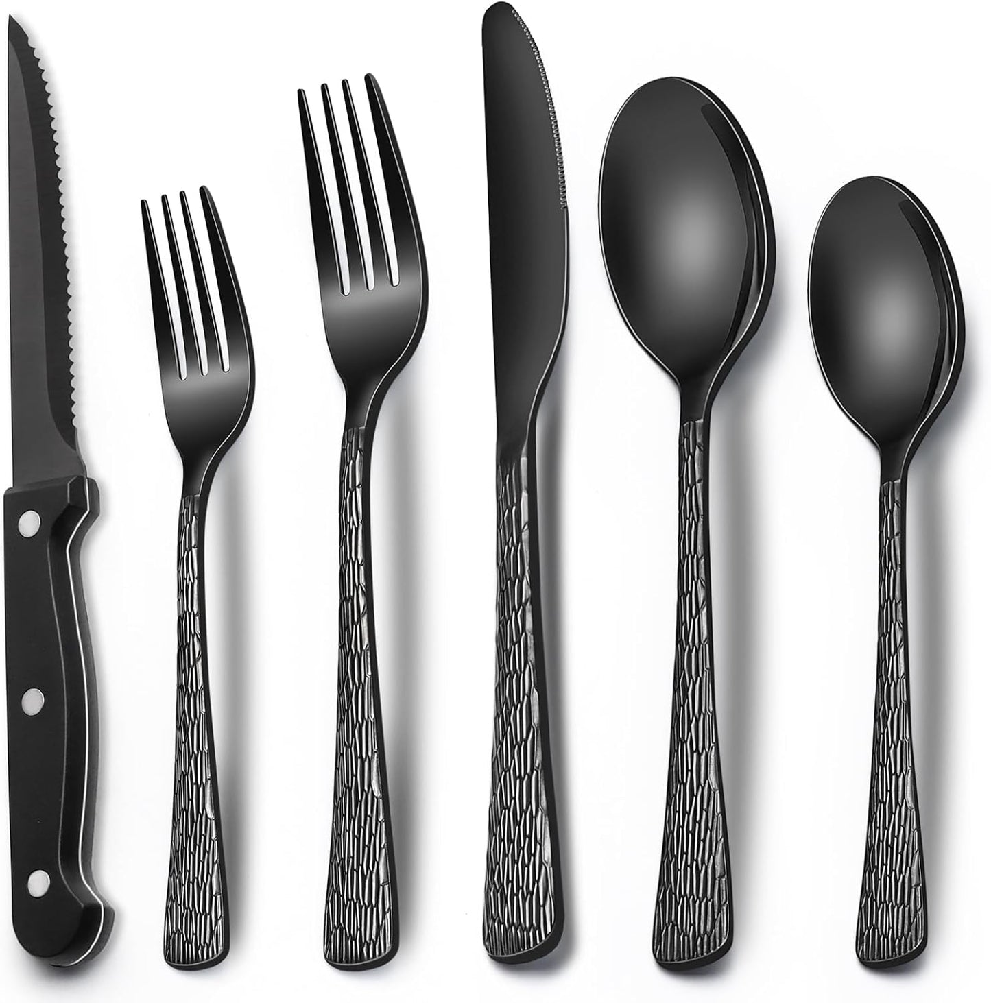 24-Piece Black Silverware Set with Steak Knives, Black Flatware Set for 4, Food-Grade Stainless Steel Tableware Cutlery Set, Mirror Finished Utensil Sets for Home Restaurant