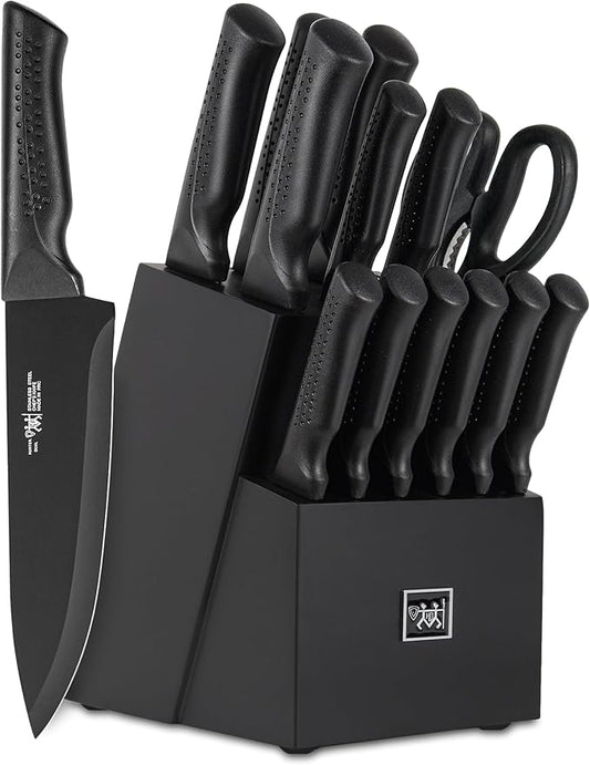 Juego de cuchillos, 15 piezas de cuchillos de cocina con bloque autoafilante, apto para lavavajillas, 6 cuchillos para carne, mango antideslizante, color negro