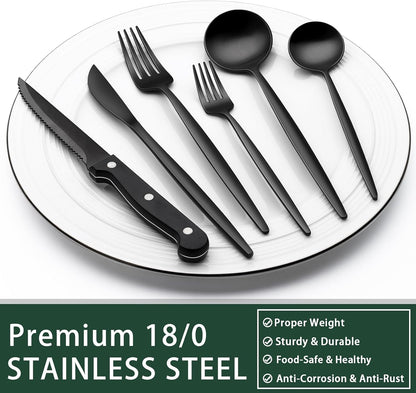 24-Piece Black Silverware Set with Steak Knives, Black Flatware Set for 4, Food-Grade Stainless Steel Tableware Cutlery Set, Mirror Finished Utensil Sets for Home Restaurant