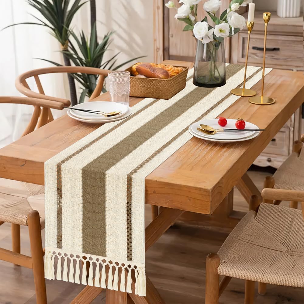 Camino de mesa estilo bohemio, estilo rústico, de 72 pulgadas de largo, de algodón y macramé, con borlas para mesa de café, para despedidas de soltera, bodas, cocinas, comedores, decoración del hogar, color marrón