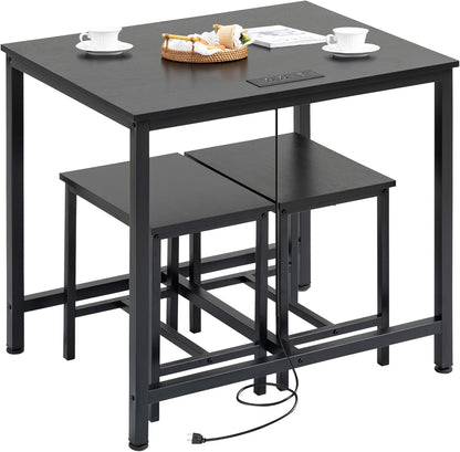 Finnhomy - Juego de mesa de comedor de 3 piezas, mesa de cocina pequeña con 2 sillas, luz LED y toma de corriente USB tipo C, diseño que ahorra espacio para comedor, sala de estar, apartamento, color negro rústico