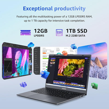 Laptop, 12GB LPDDR5 RAM, 1TB SSD, 15.6 Inch Laptop Computer, Win 11 Pro, N95 Quad Core Processor, Up to 3.4GHz, Preinstall Office Pro Plus 2024, WiFi 5, BT 5.0, USB-C, Webcam, Fingerprint