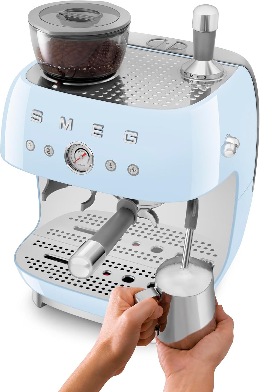 Cafetera espresso semiautomática Smeg Retro, EGF03PBUS, color azul pastel