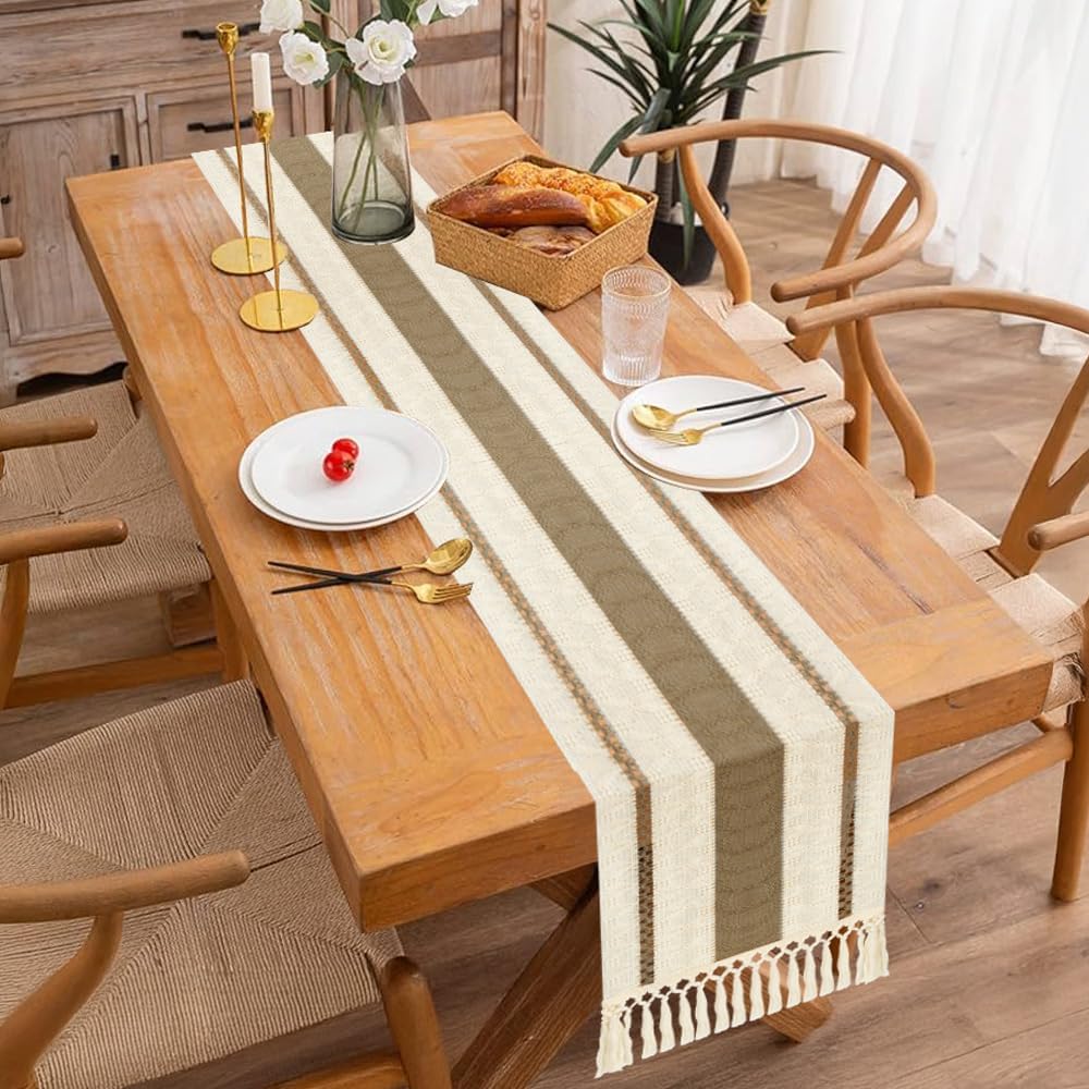 Boho Table Runner Farmhouse Table Runner 72 Inches Long Rustic Coffee Table Runners Cotton Macrame Spring Table Runners with Tassel for Bridal Shower Wedding Kitchen Dining Room Table Home Decor Brown