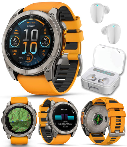 Wearable4U Garmin Fenix 8 – 47 mm, Solar, Multisport GPS Smartwatch, Sapphire, Titanium with Amp Yellow/Graphite Silicone, Built-in LED Flashlight, Voice Control Power Bank Bundle