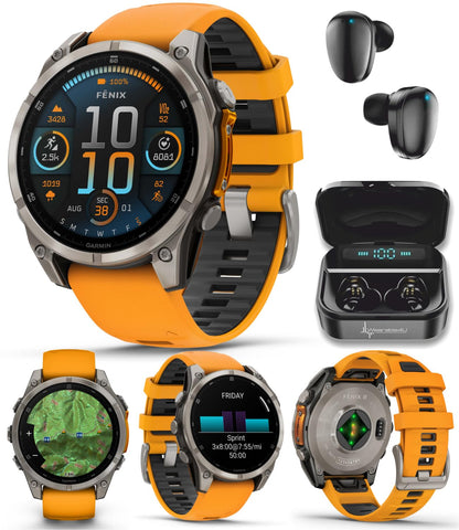 Wearable4U Garmin Fenix 8 – 47 mm, Solar, Multisport GPS Smartwatch, Sapphire, Titanium with Amp Yellow/Graphite Silicone, Built-in LED Flashlight, Voice Control Power Bank Bundle