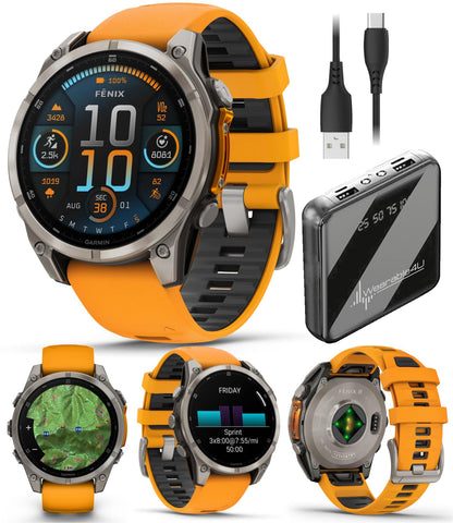 Wearable4U Garmin Fenix 8 – 47 mm, Solar, Multisport GPS Smartwatch, Sapphire, Titanium with Amp Yellow/Graphite Silicone, Built-in LED Flashlight, Voice Control Power Bank Bundle